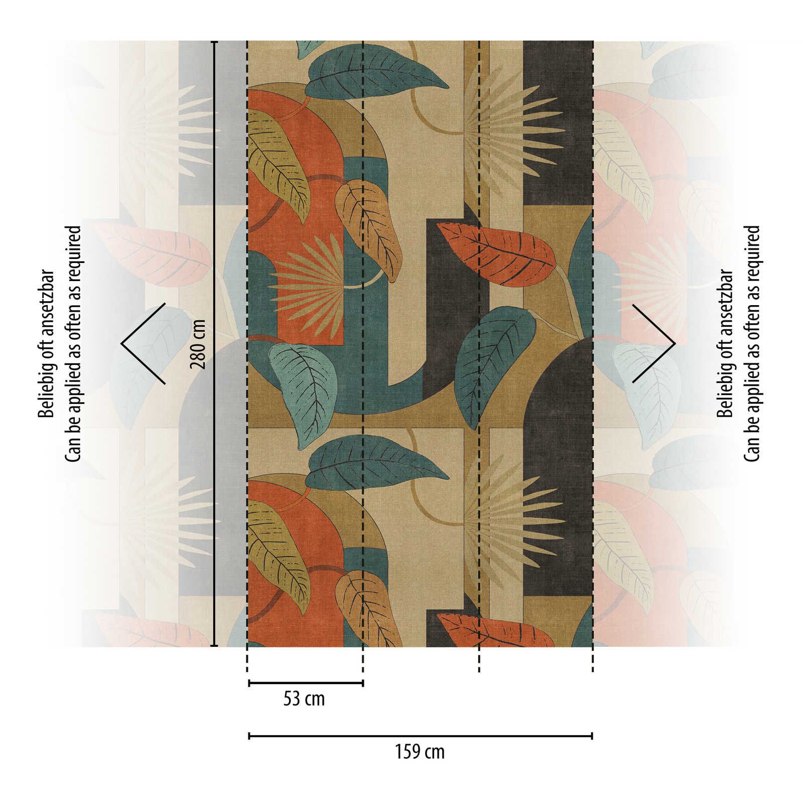             Abstract vliesbehang met bladeren en grafische patronen - beige, blauw, rood
        