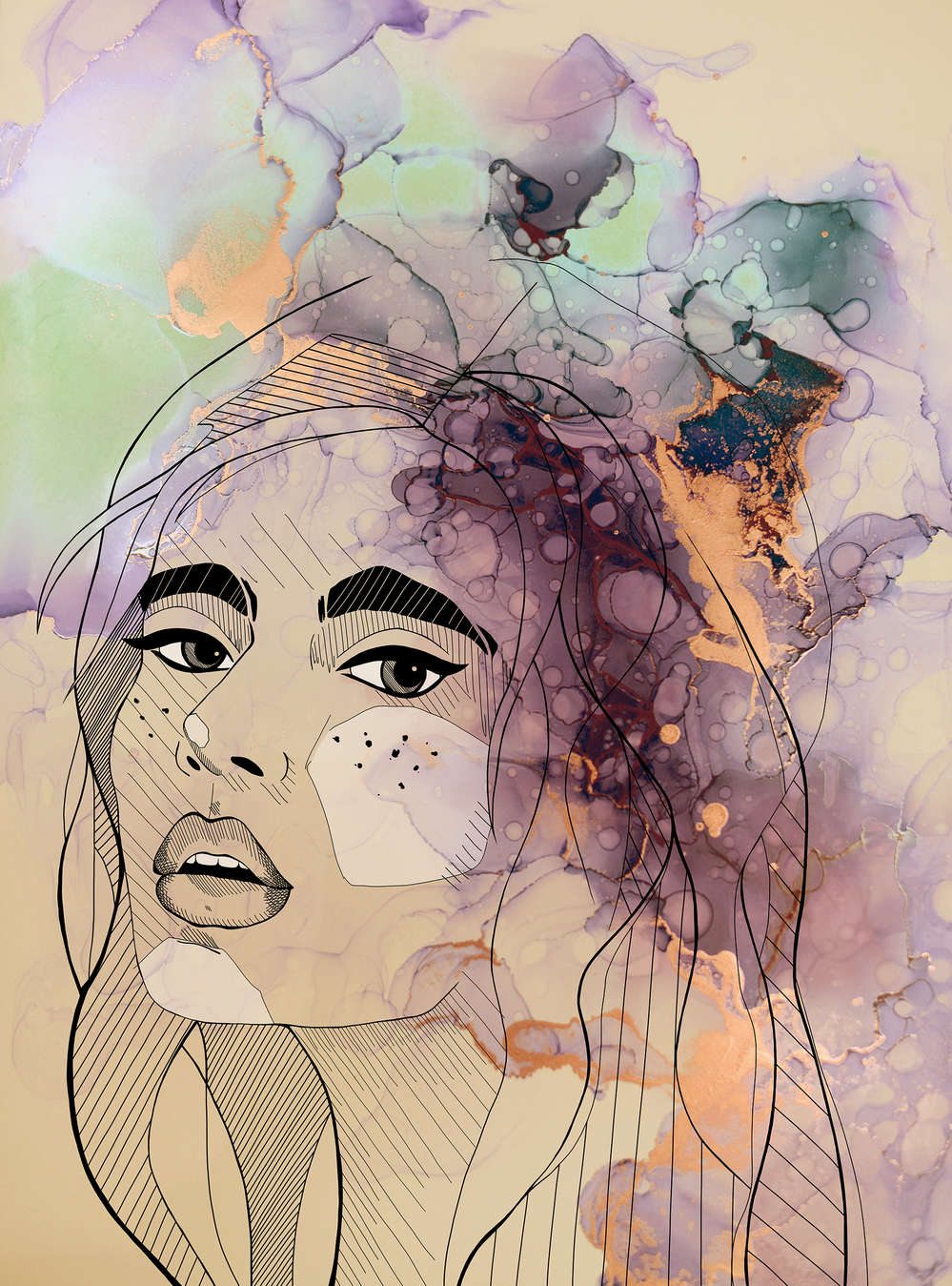             Lignes Design Papier peint panoramique Femme dans un brouillard de couleurs & effet métallique
        