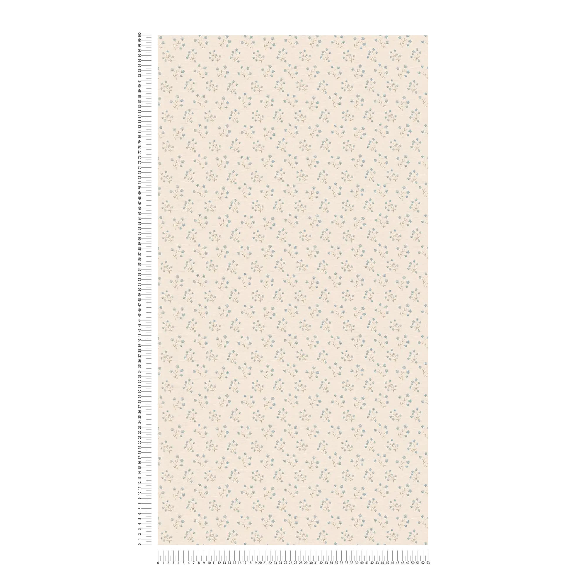             Floral wallpaper with small country house pattern - cream, blue, grey
        
