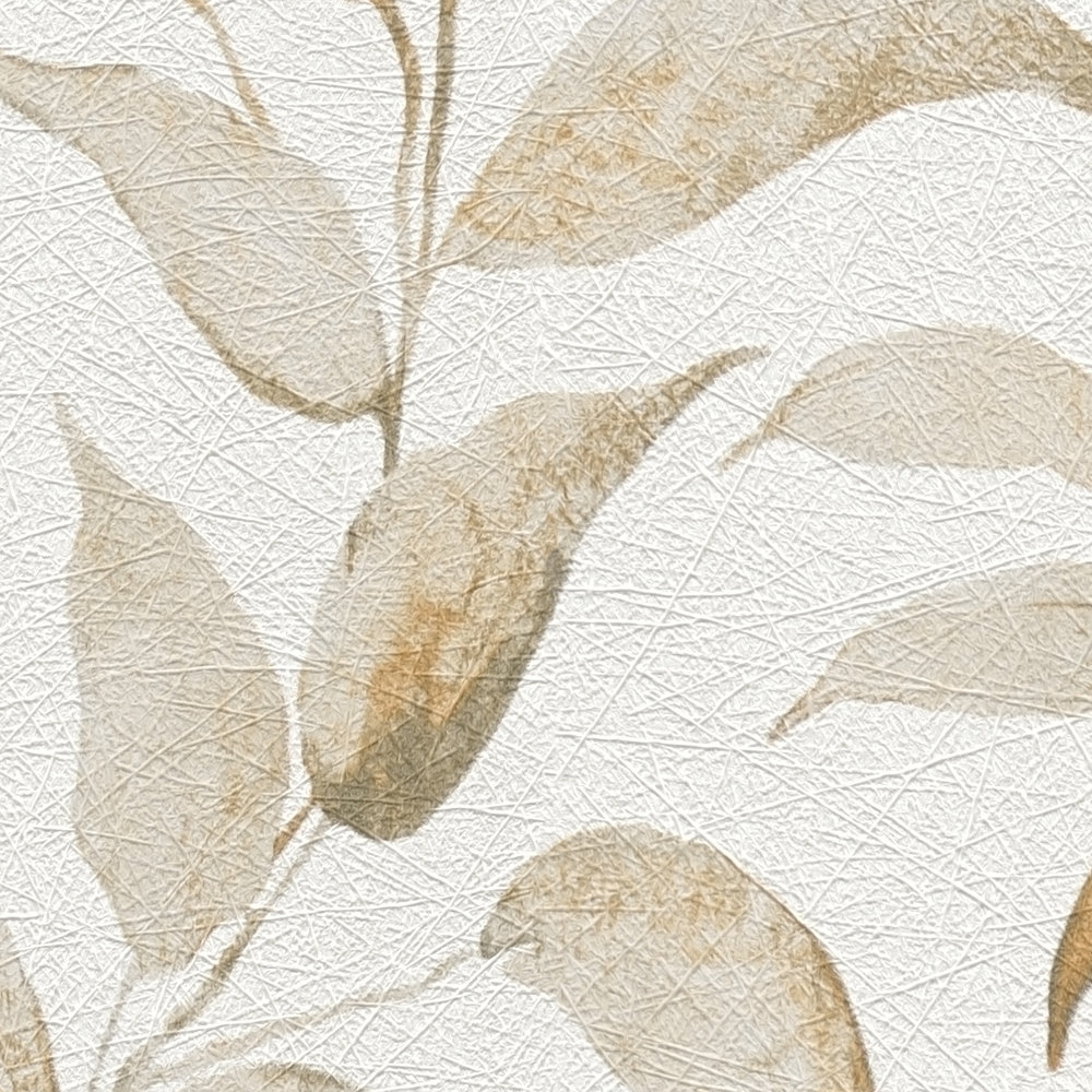             papier peint en papier feuilles floral chatoyant structuré - blanc, orange
        