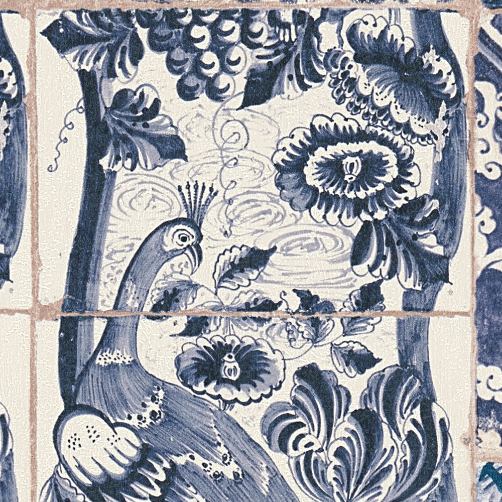             Papier peint à motif carrelage & mosaïque - bleu, crème, blanc
        
