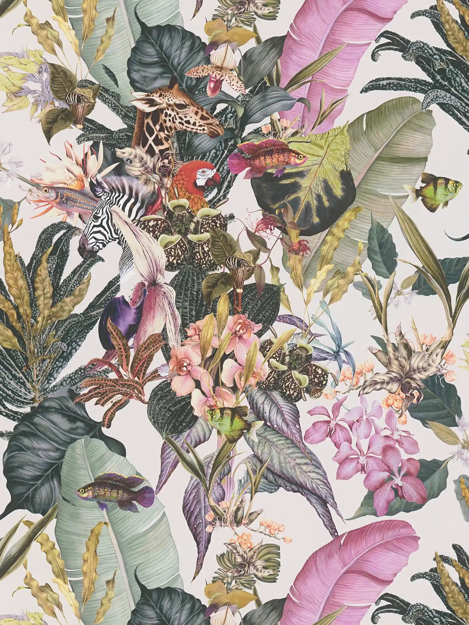 Papel pintado Flora y Fauna flores y animales - verde
