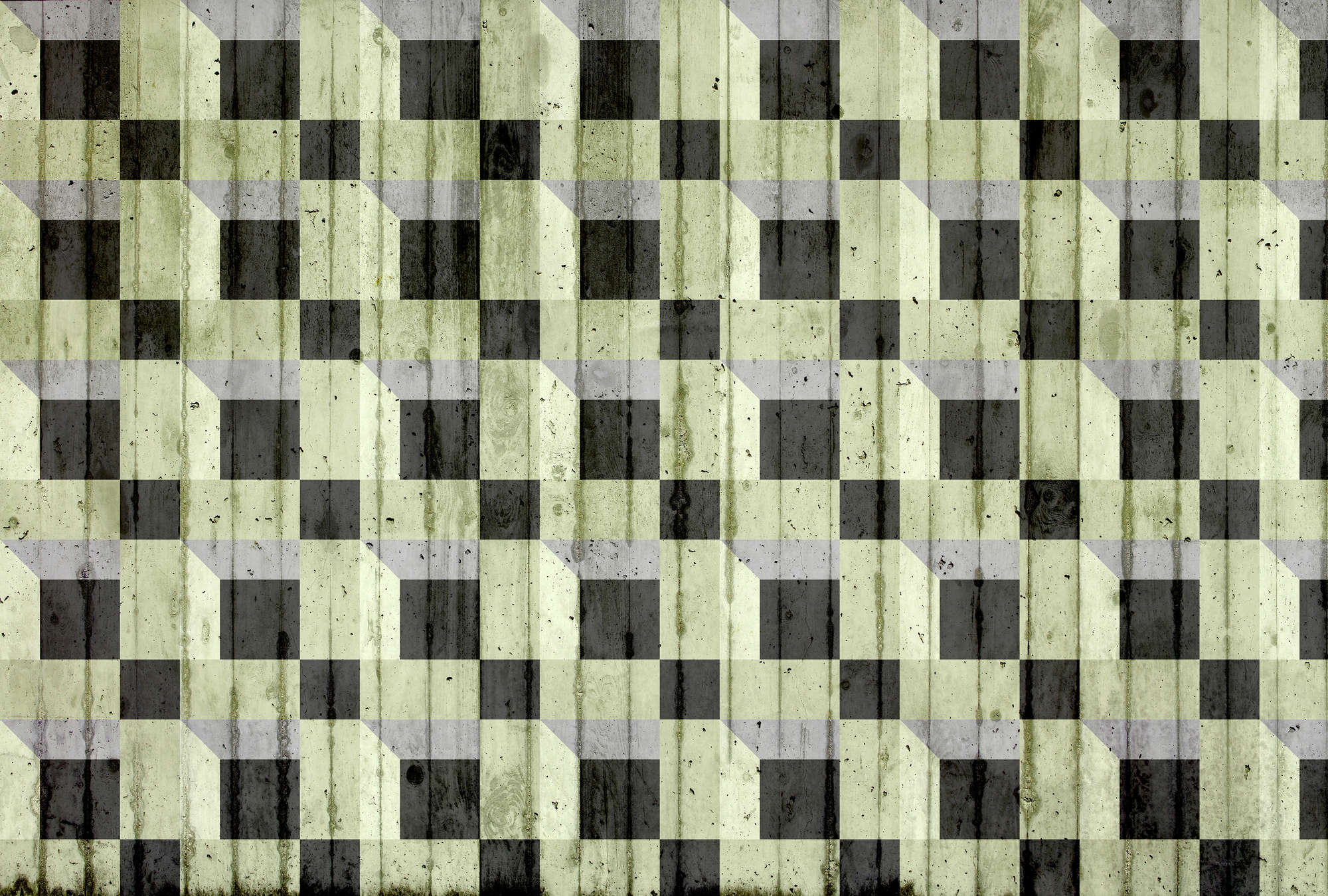             Papier peint panoramique imitation béton & motifs carrés - vert, noir, gris
        