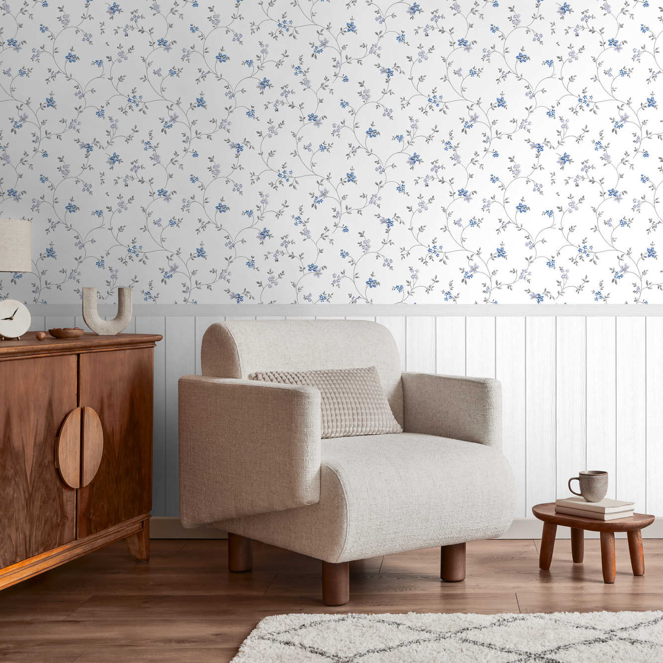 Non-woven motif wallpaper with wood-effect plinth border and floral pattern - white, grey, blue
