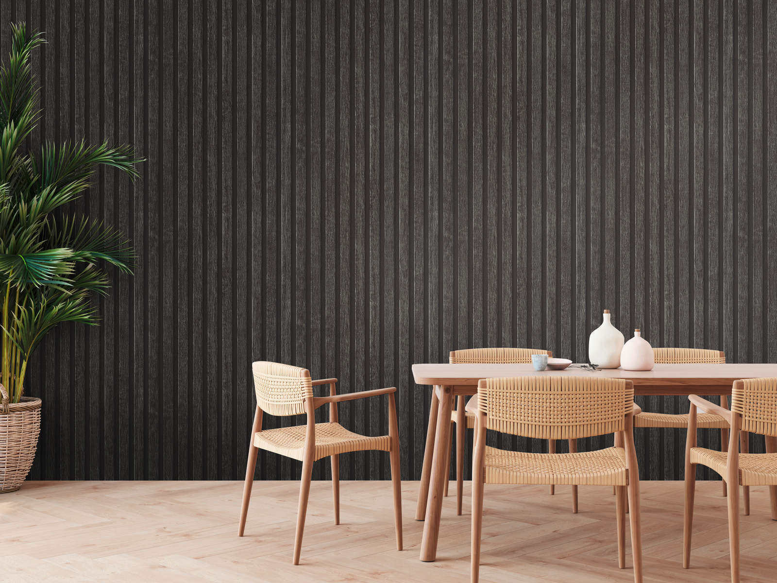             Wallpaper wood look with panel pattern - black, brown
        