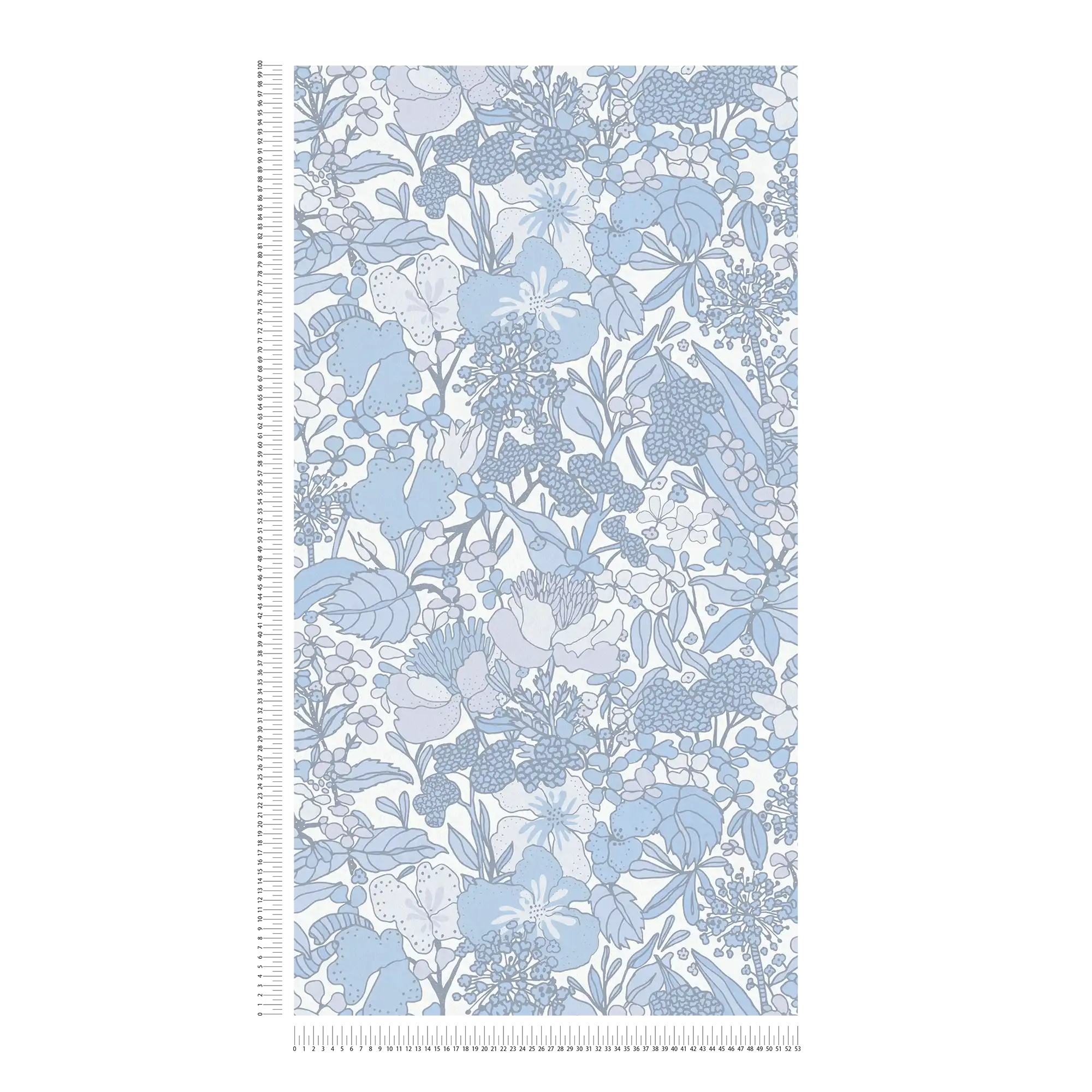             Papel pintado azul y blanco con motivos florales de los años 70 - gris, azul, blanco
        