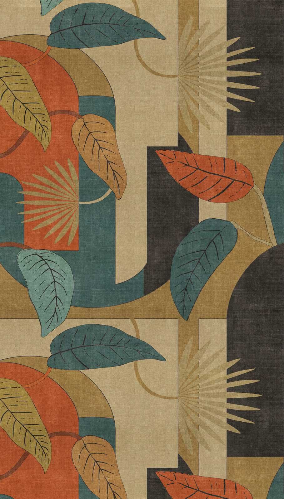             Papier peint abstrait intissé avec feuilles et motifs graphiques - beige, bleu, rouge
        