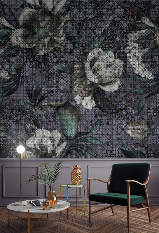             Flowers mural Pixel Design - Black, White
        