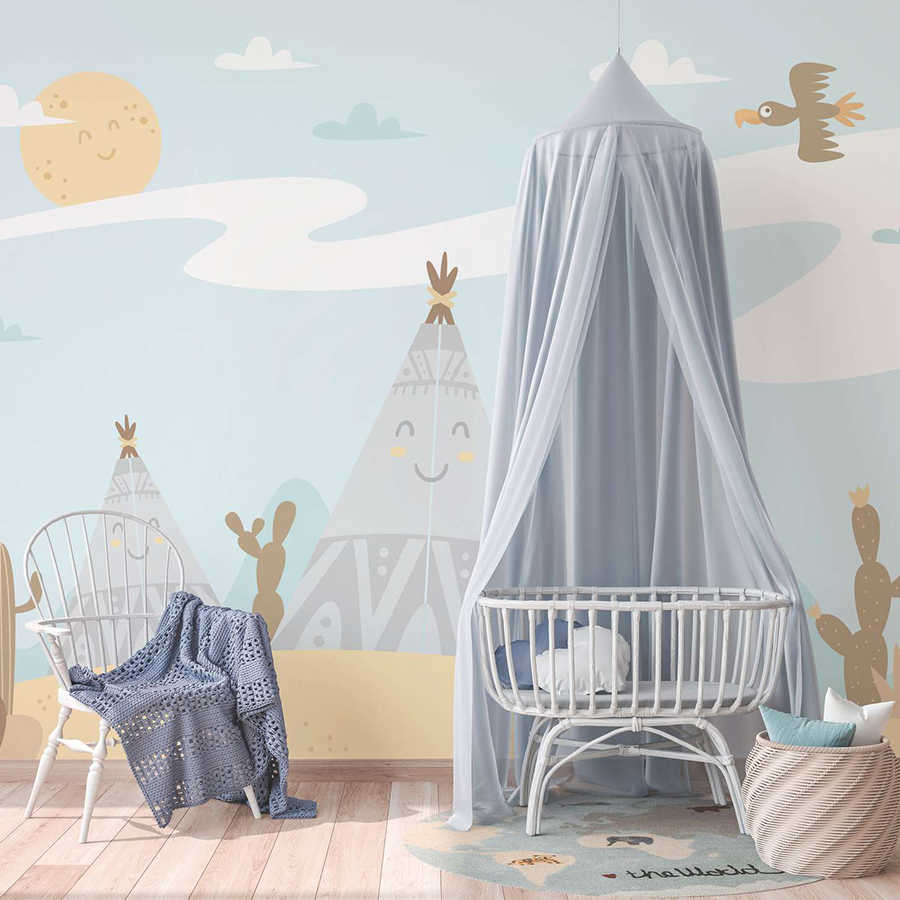 Papel pintado de habitación infantil Desierto con Tippies y Cactus - Azul, Amarillo, Marrón
