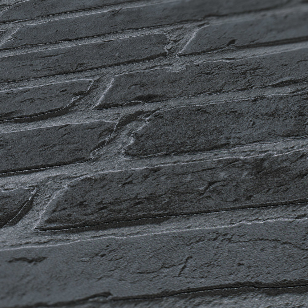             Stone look wallpaper with black bricks - black, grey
        