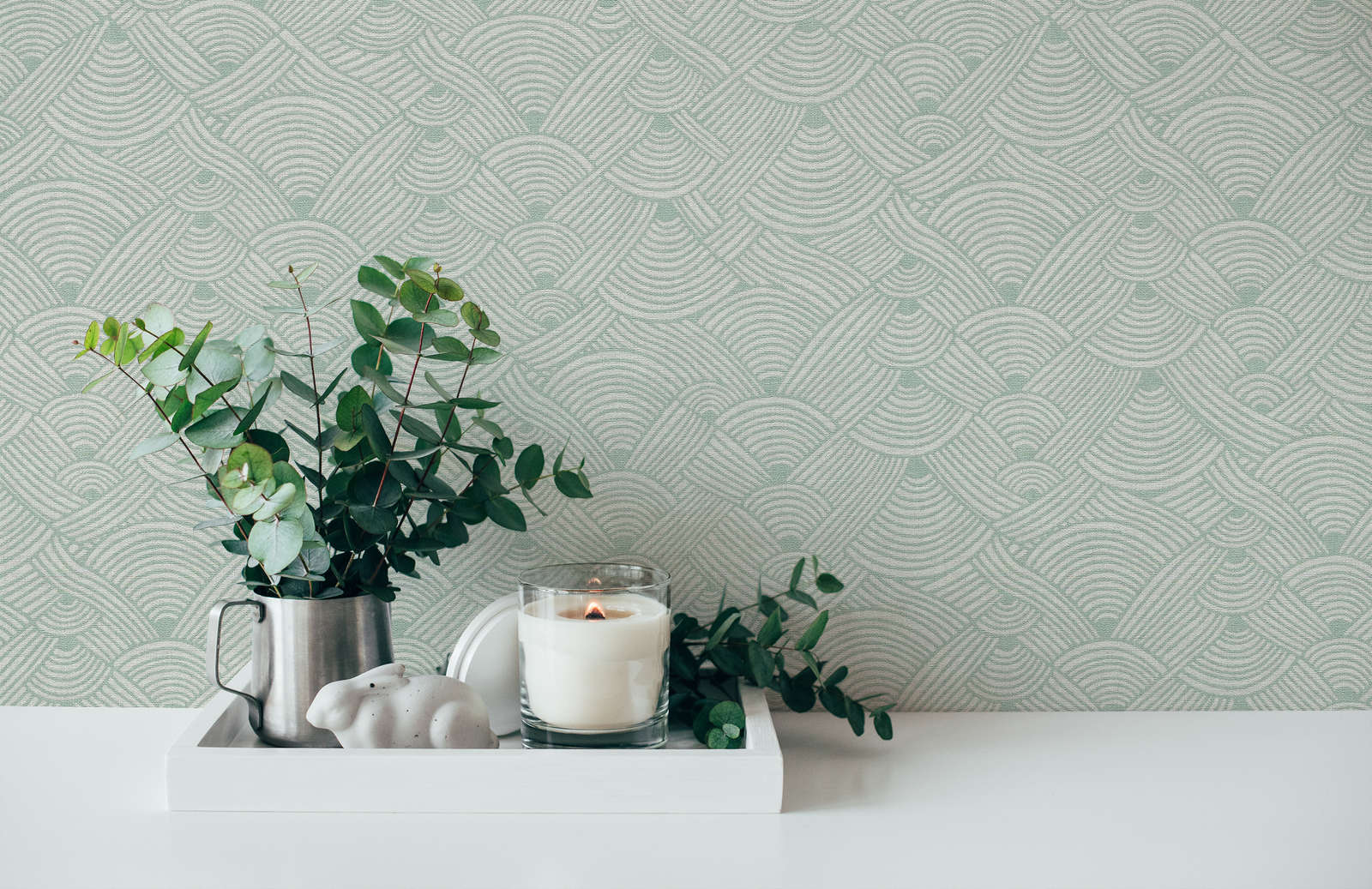             Graphic wallpaper wave pattern in earth colours - green, white, blue
        