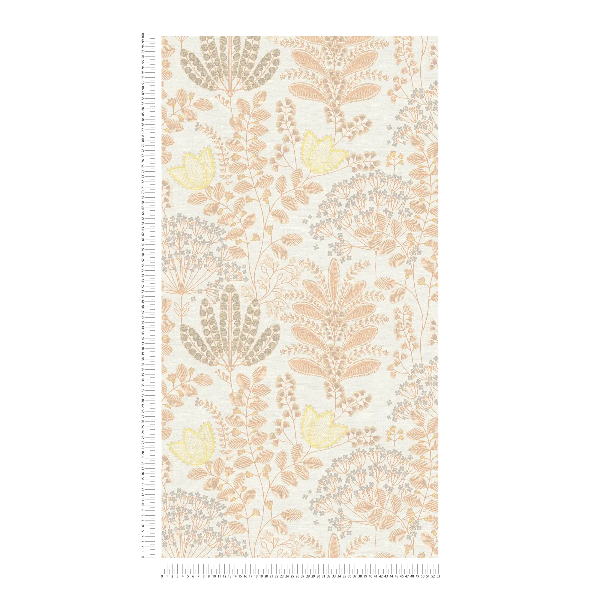             papier peint en papier floral avec des feuilles de style rétro légèrement structuré, mat - blanc, orange, jaune
        