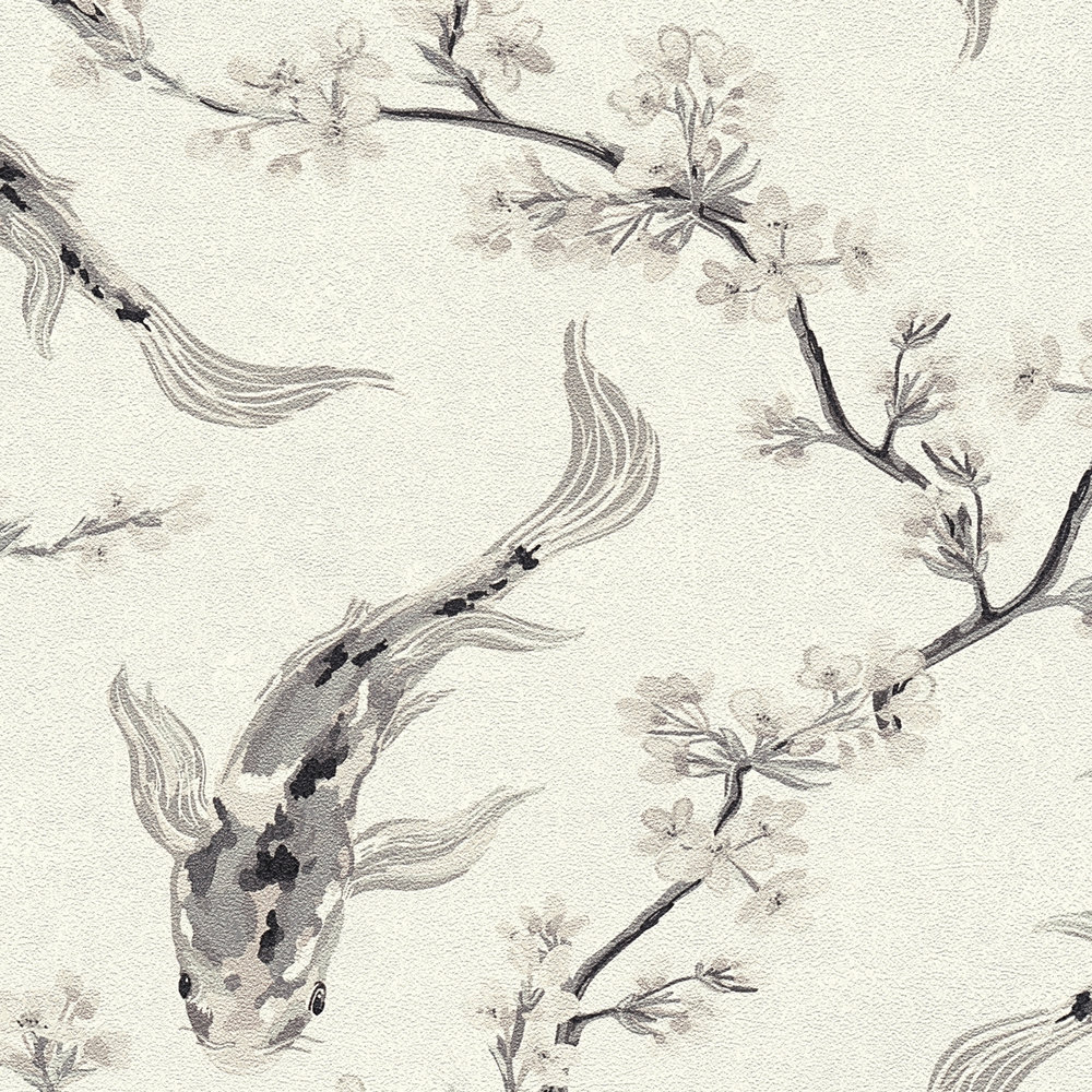             Papel pintado no tejido de estilo asiático con motivos koi - gris, beige, crema
        