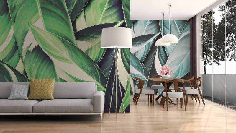             Nature mural palm leaves motif green on textured nonwoven
        