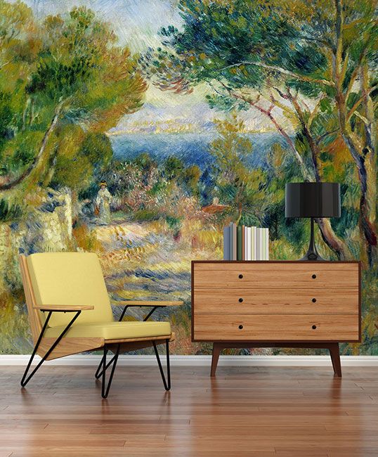 Living room design with art photo wallpaper summer walk in the forest DD121576