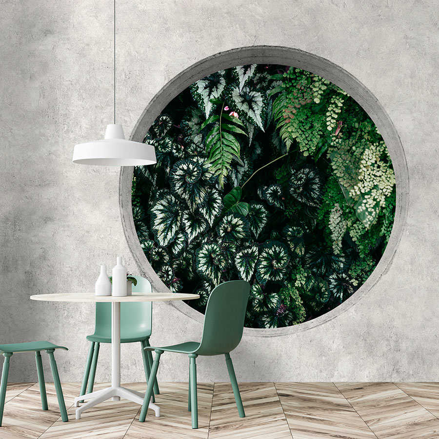 Deep Green 1 - Foto papel pintado ventana redonda con plantas de la selva
