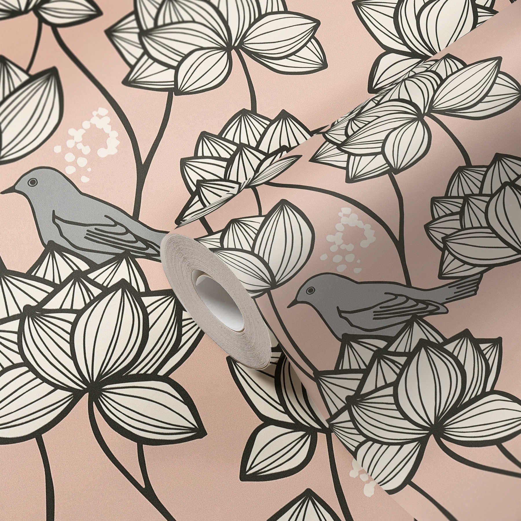             Papel pintado no tejido flores zarcillos con pájaros en estilo line art - gris, rosa
        