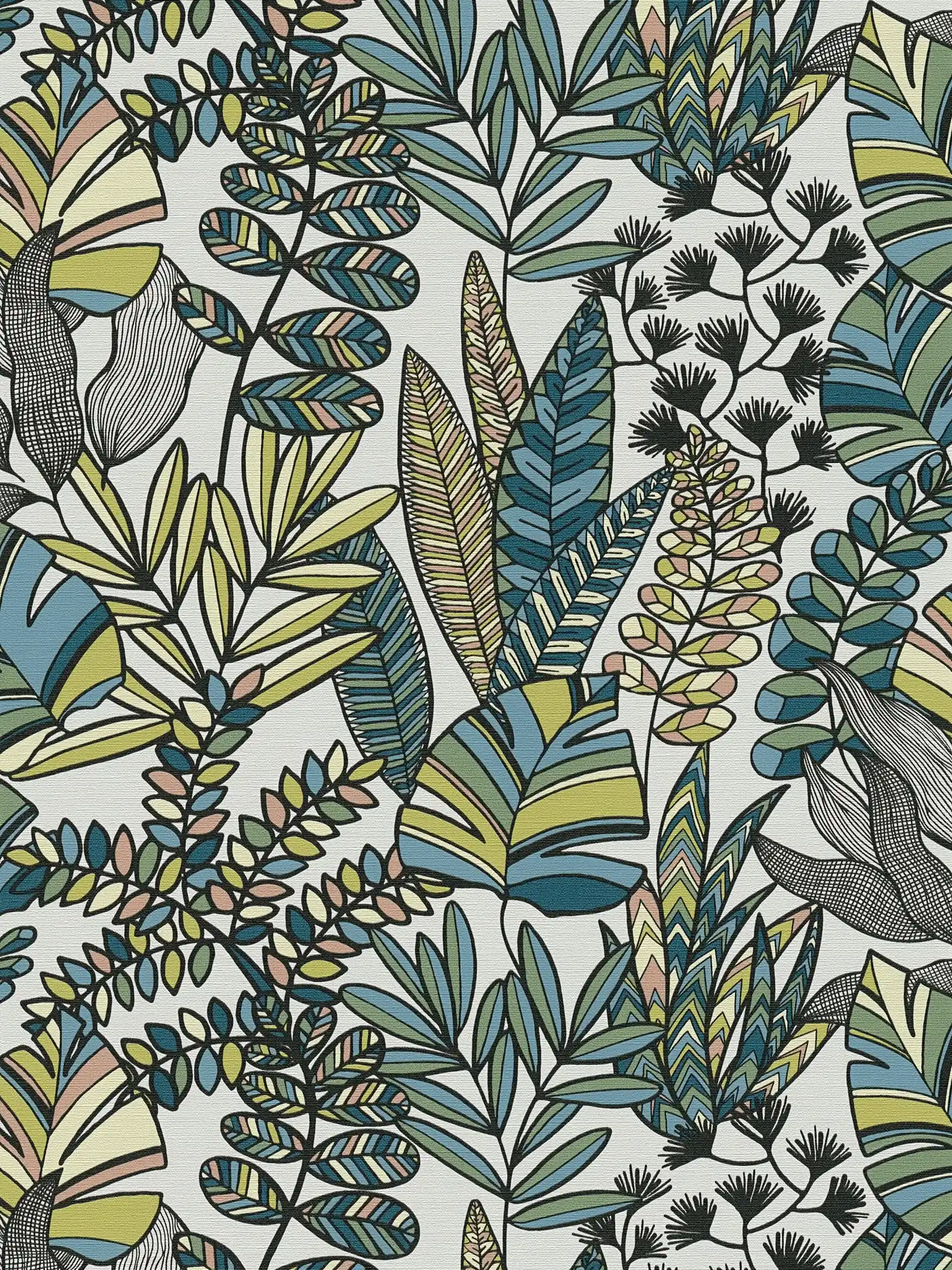 Non-woven wallpaper with large leaves in bold colours - white, black, blue
