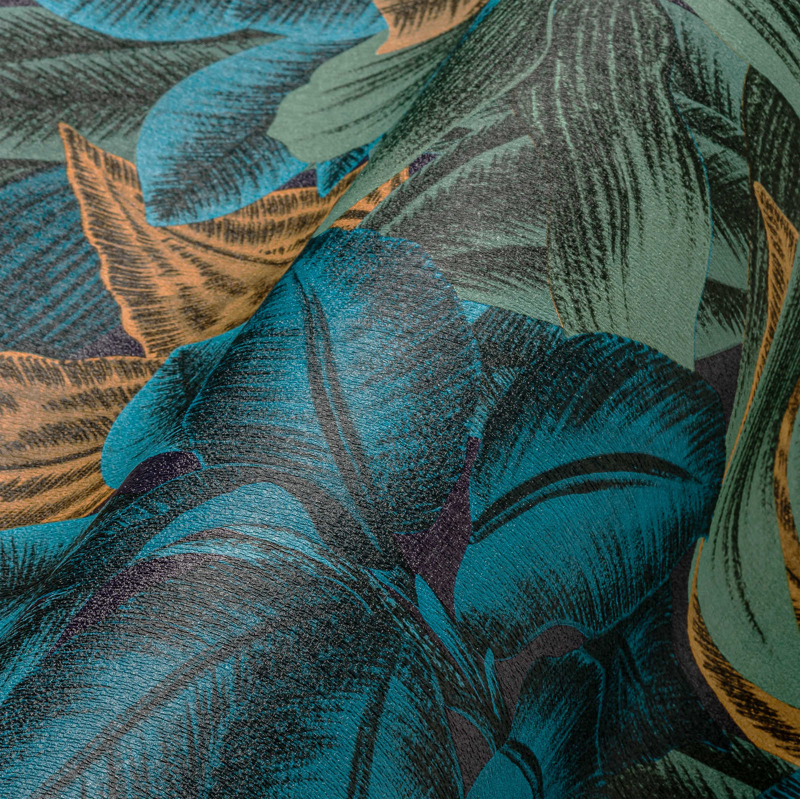             Gebloemd vliesbehang met jungle bladmotief - blauw, oranje, paars
        
