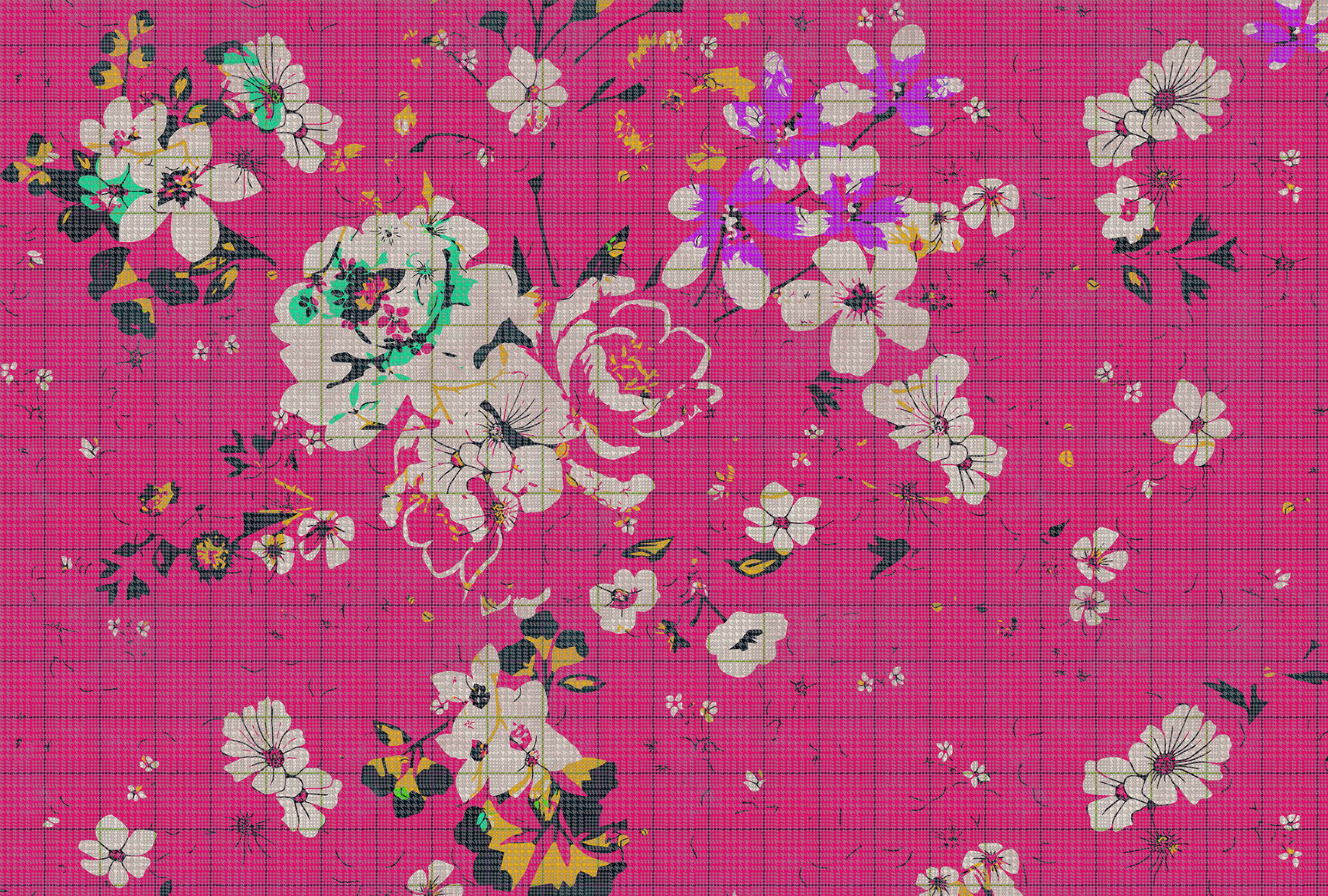             Bloemrijkplaid 2 - Fotobehang in geruit optiek kleurrijk bloemenmozaïek Roze - Groen, Roze | parelmoer glad vlies
        