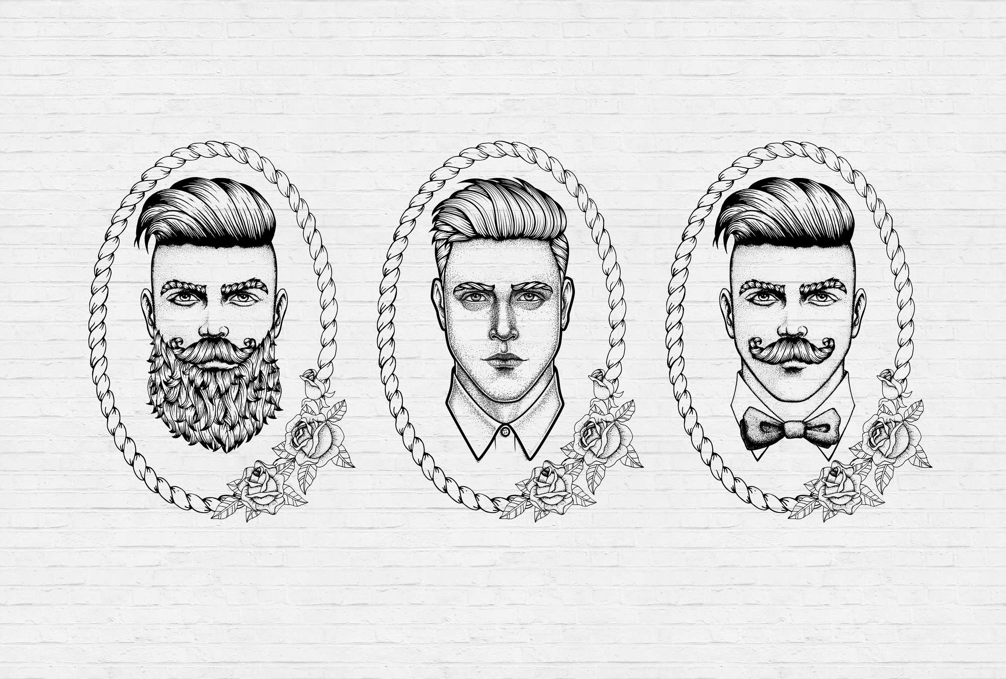             Photocopieur noir et blanc avec des portraits d'hommes dans le style BD
        