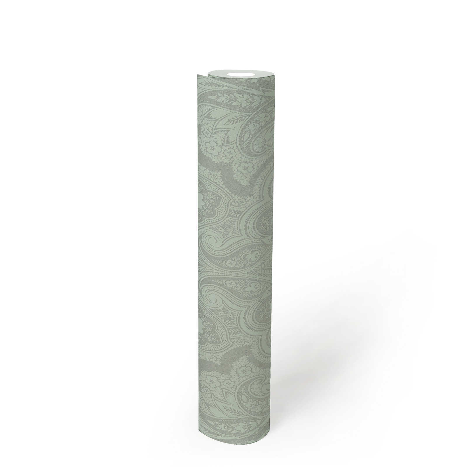             Carta da parati boho verde menta e grigio argento con motivi ornamentali - metallizzata, verde
        