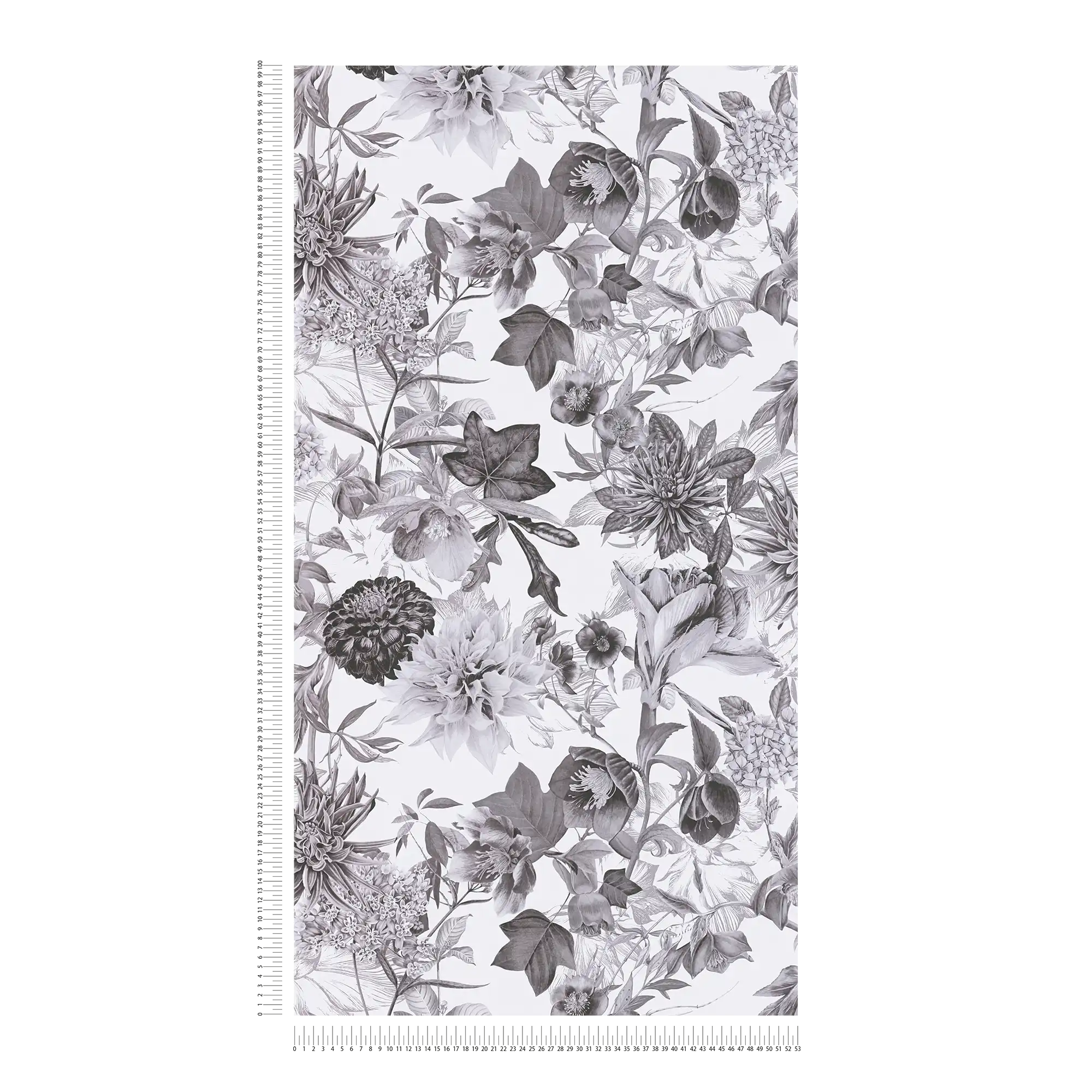             Zwart-wit behang met bloemenpatroon
        