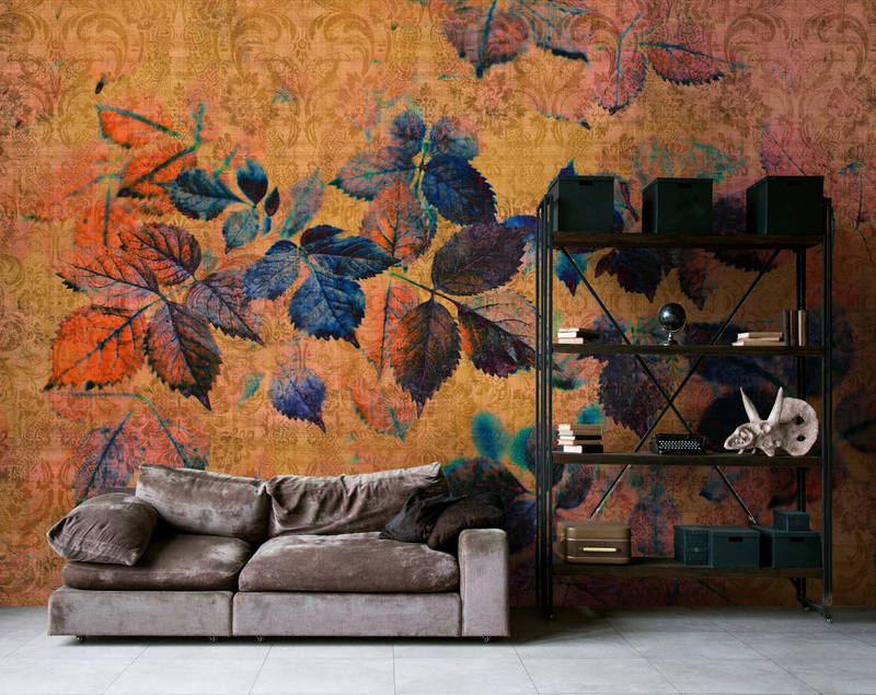             Indian summer 2 - Floral wallpaper in natural linen structure with warm atmosphere - Yellow, Orange | Matt smooth fleece
        