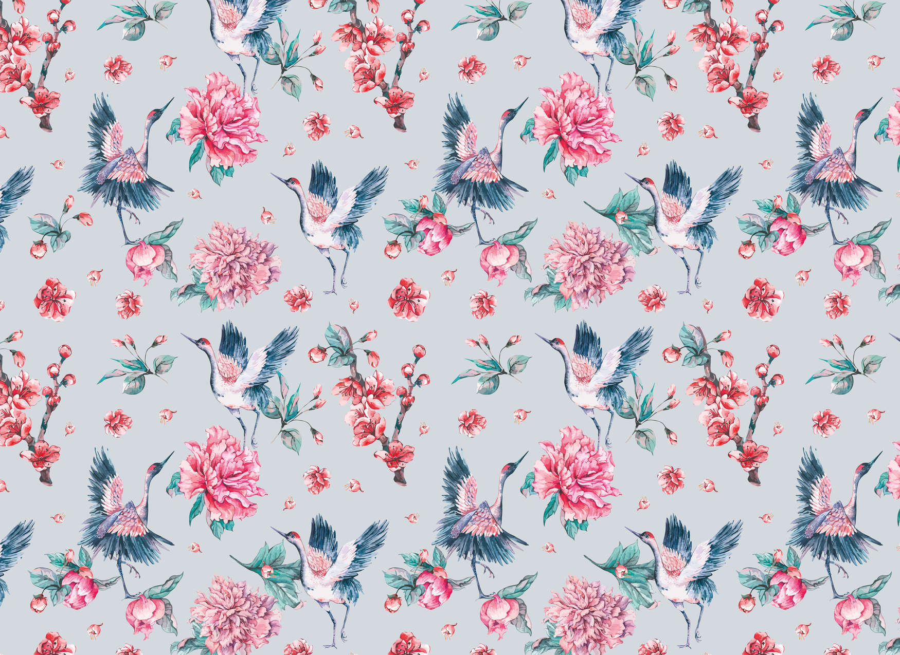             Photo wallpaper floral pattern with birds and leaves - pink, blue, green
        