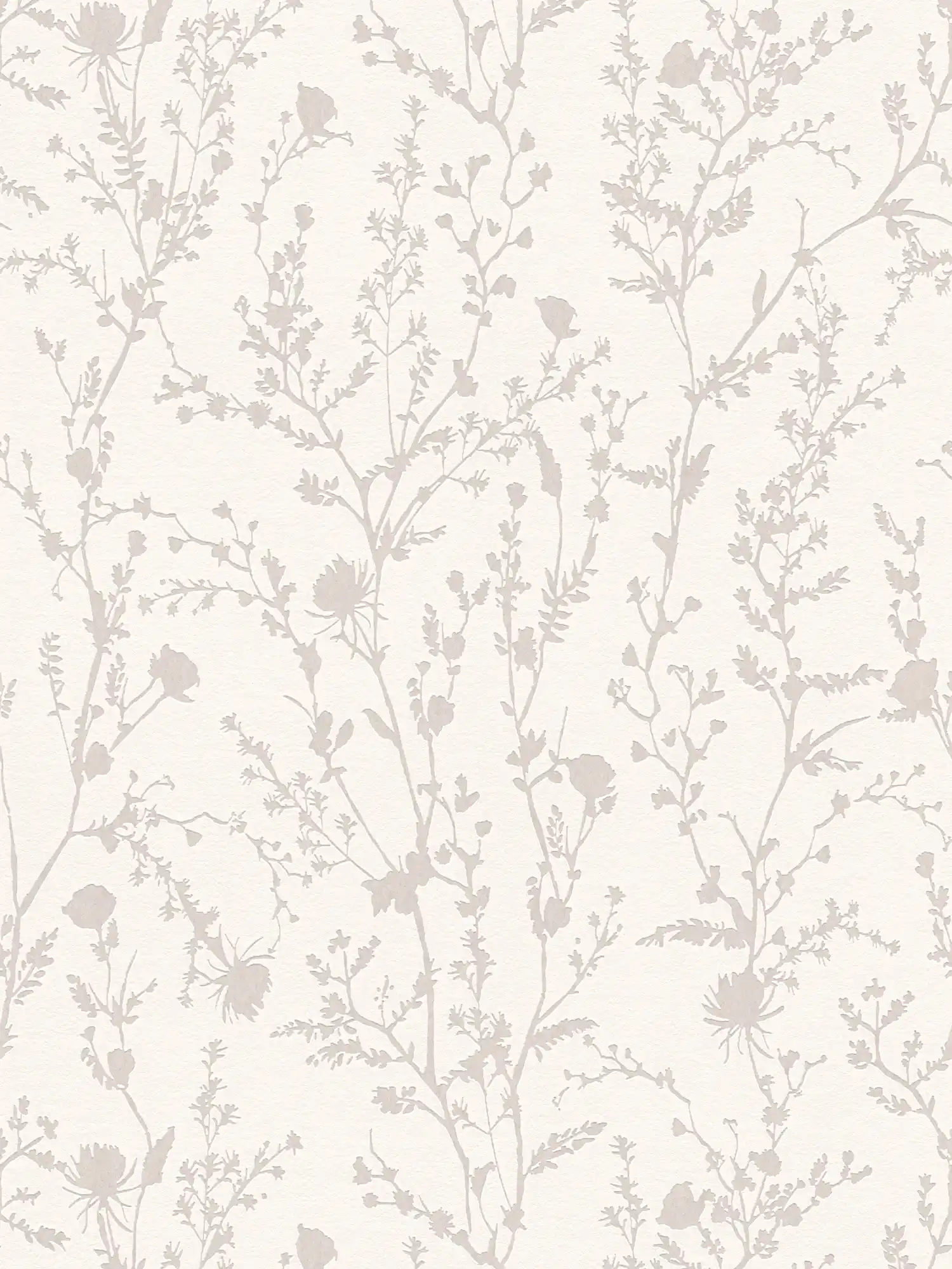 Non-woven wallpaper soft grasses and floral pattern - white, grey
