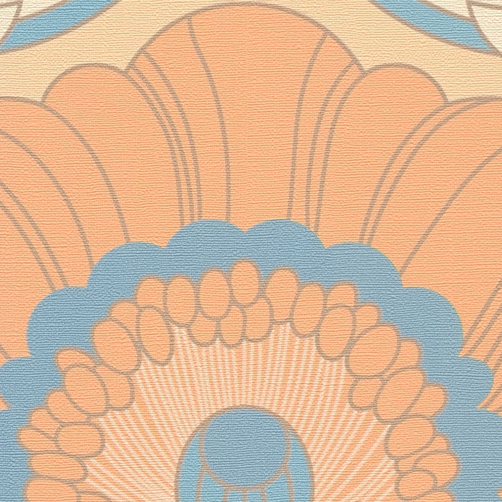             Carta da parati floreale in tessuto non tessuto in stile retrò - beige, turchese, arancione
        