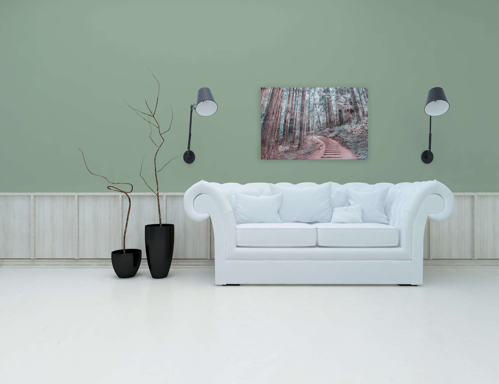             Canvas met houten trap door het bos | bruin, groen, wit - 0.90 m x 0.60 m
        