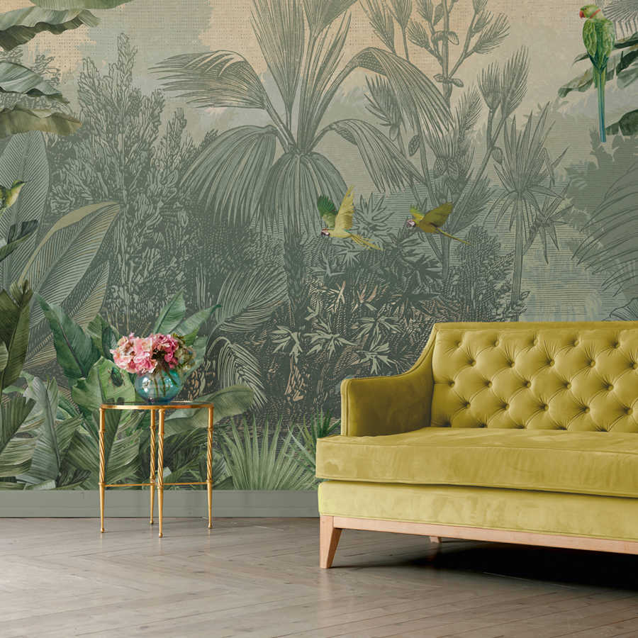         Green mural jungle palm trees & parrots in drawing style
    