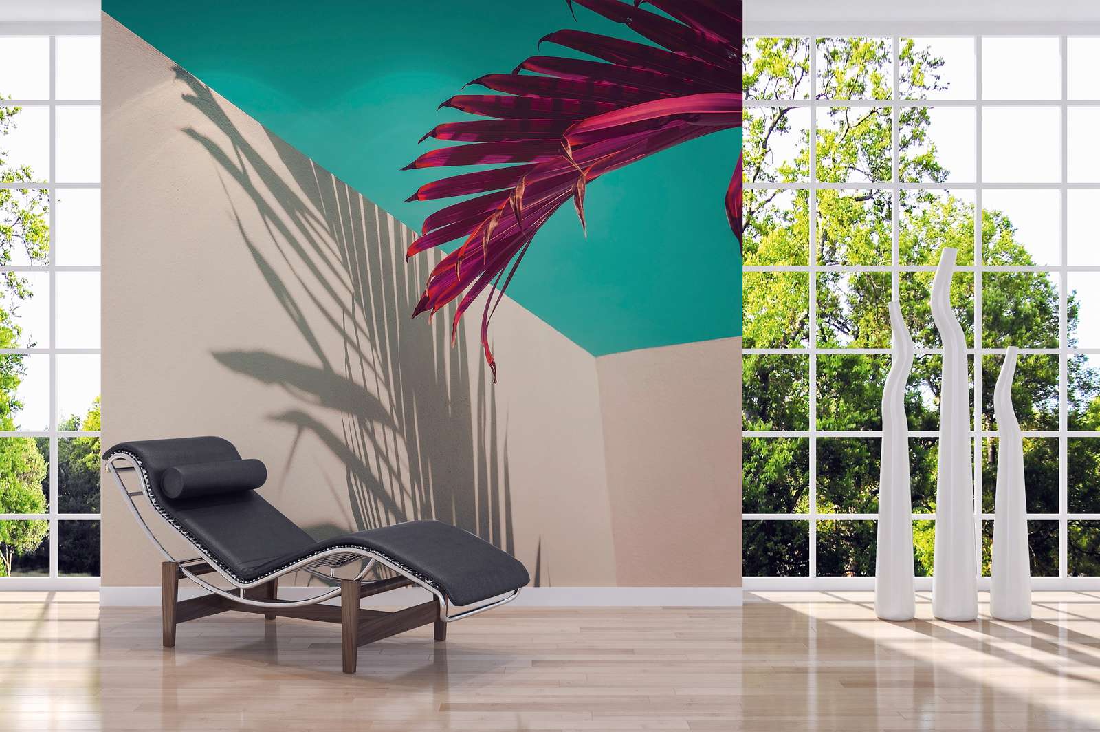             Digital behang met palmblad en schaduw op betonnen muur - paars, turkoois, wit
        