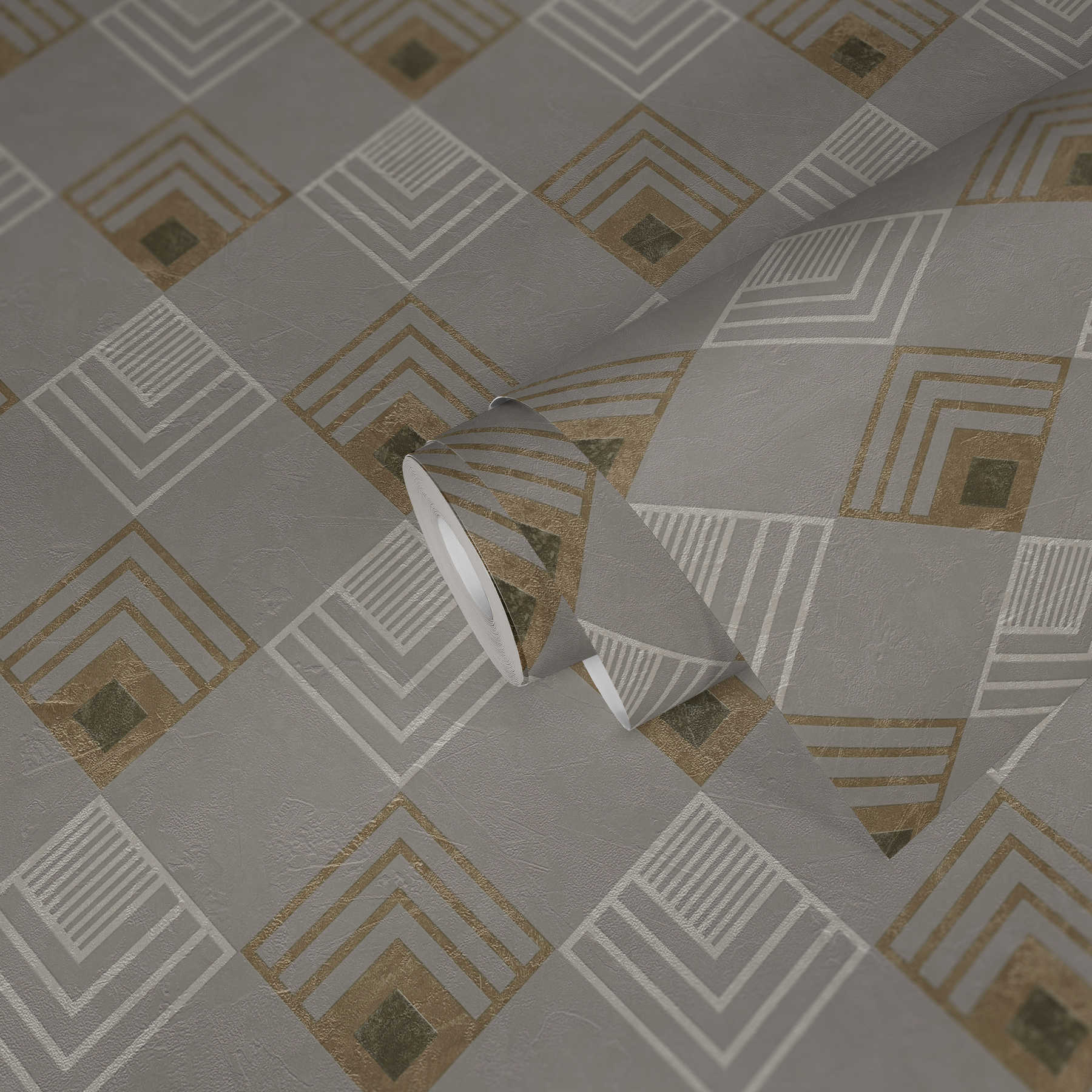             Papel pintado de tejido no tejido con motivo Art Deco, efecto metálico - gris, beige, blanco
        