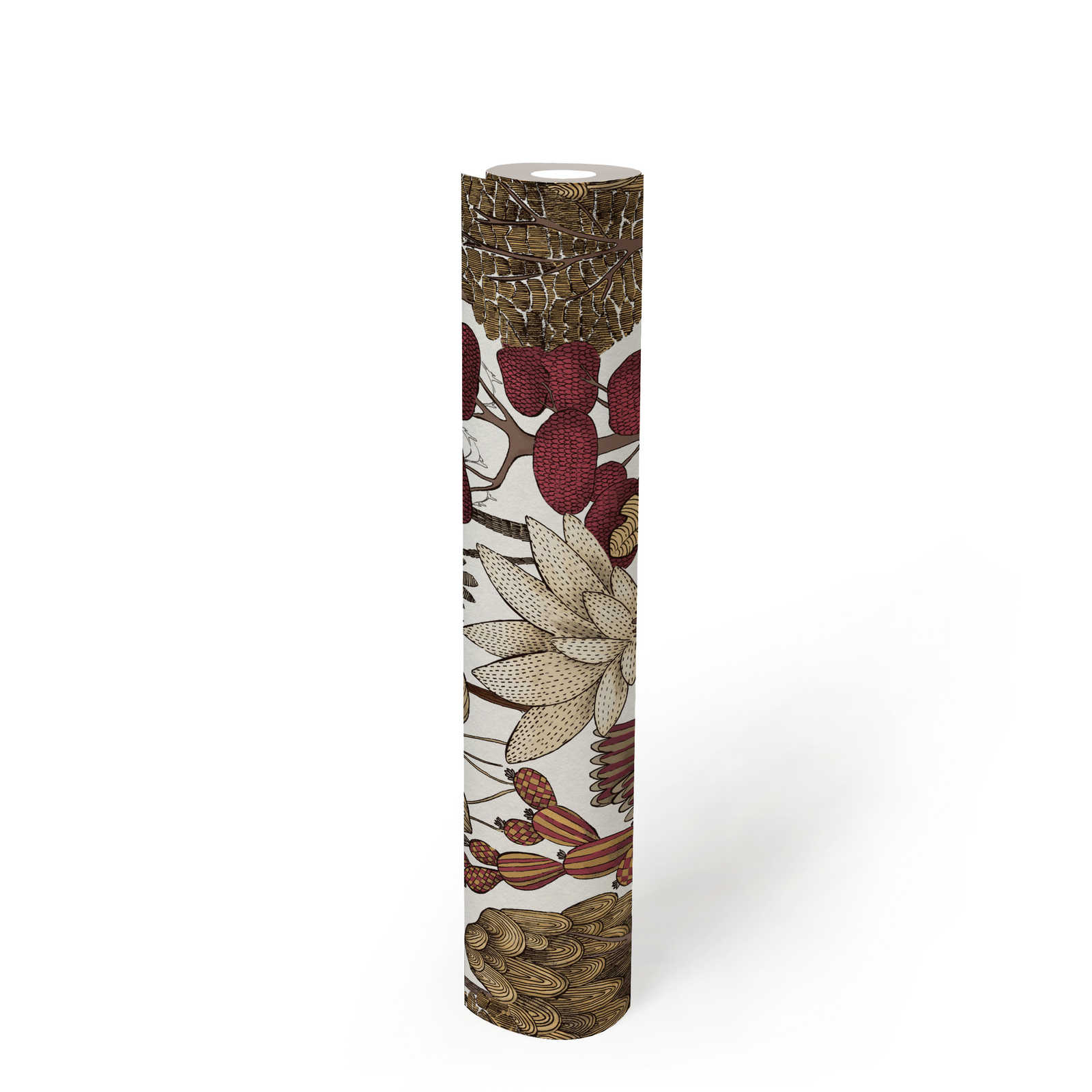             Papier peint moderne floral avec des arbres de style dessin - rouge, beige, marron
        