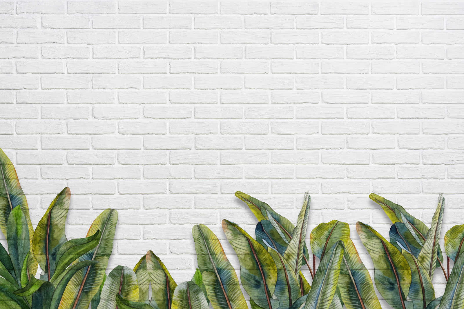             Canvas painting with leaves in front of white brick wall - 0.90 m x 0.60 m
        
