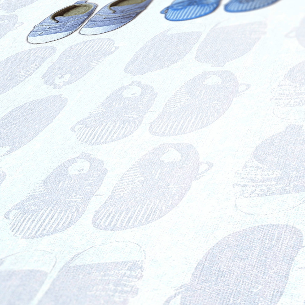             Papel pintado de habitación de bebé Zapatos de niño - Azul, Blanco
        