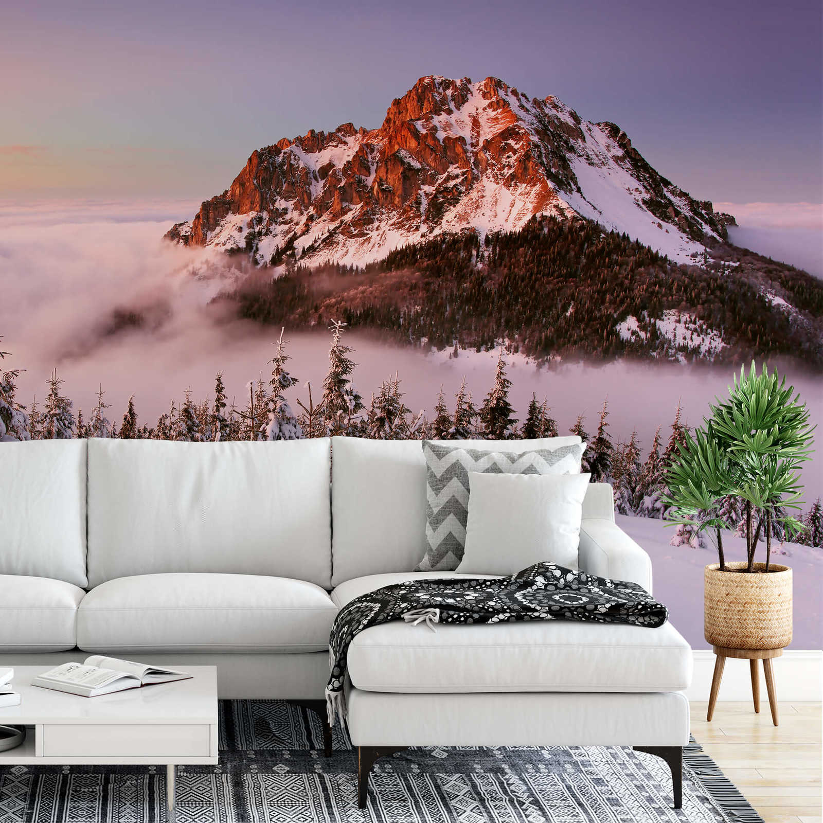             Papier peint panoramique sommet de montagne avec neige - blanc, marron, vert
        
