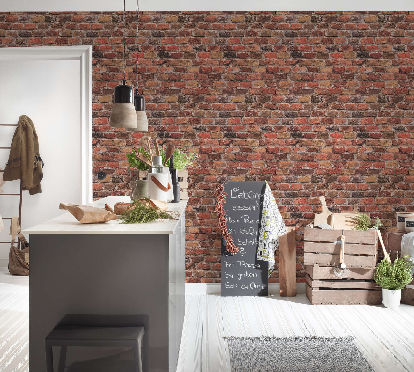             Non-woven wallpaper with natural stone look - red, orange, brown
        