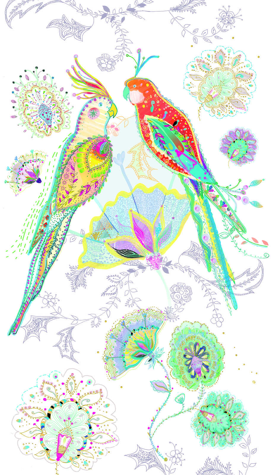             Papel pintado no tejido con motivo de pájaros y flores - beige, colorido, verde, azul, naranja
        