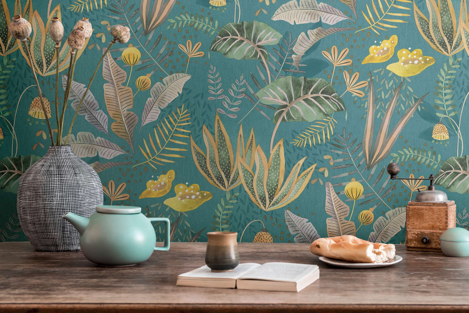             Non-woven wallpaper floral with mixed leaves light textured, matt - petrol, green, yellow
        