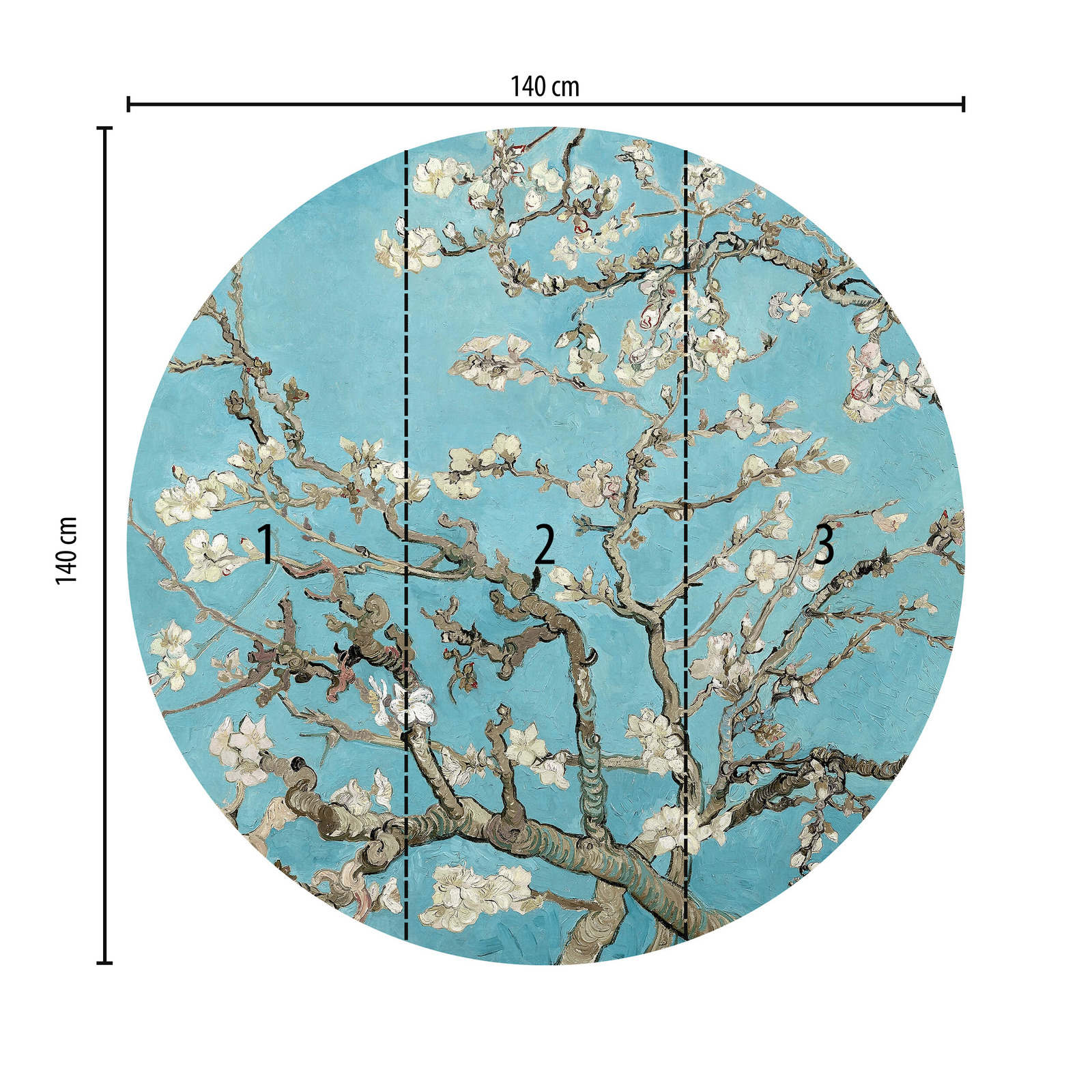             Round photo wallpaper almond blossoms in blue and white
        