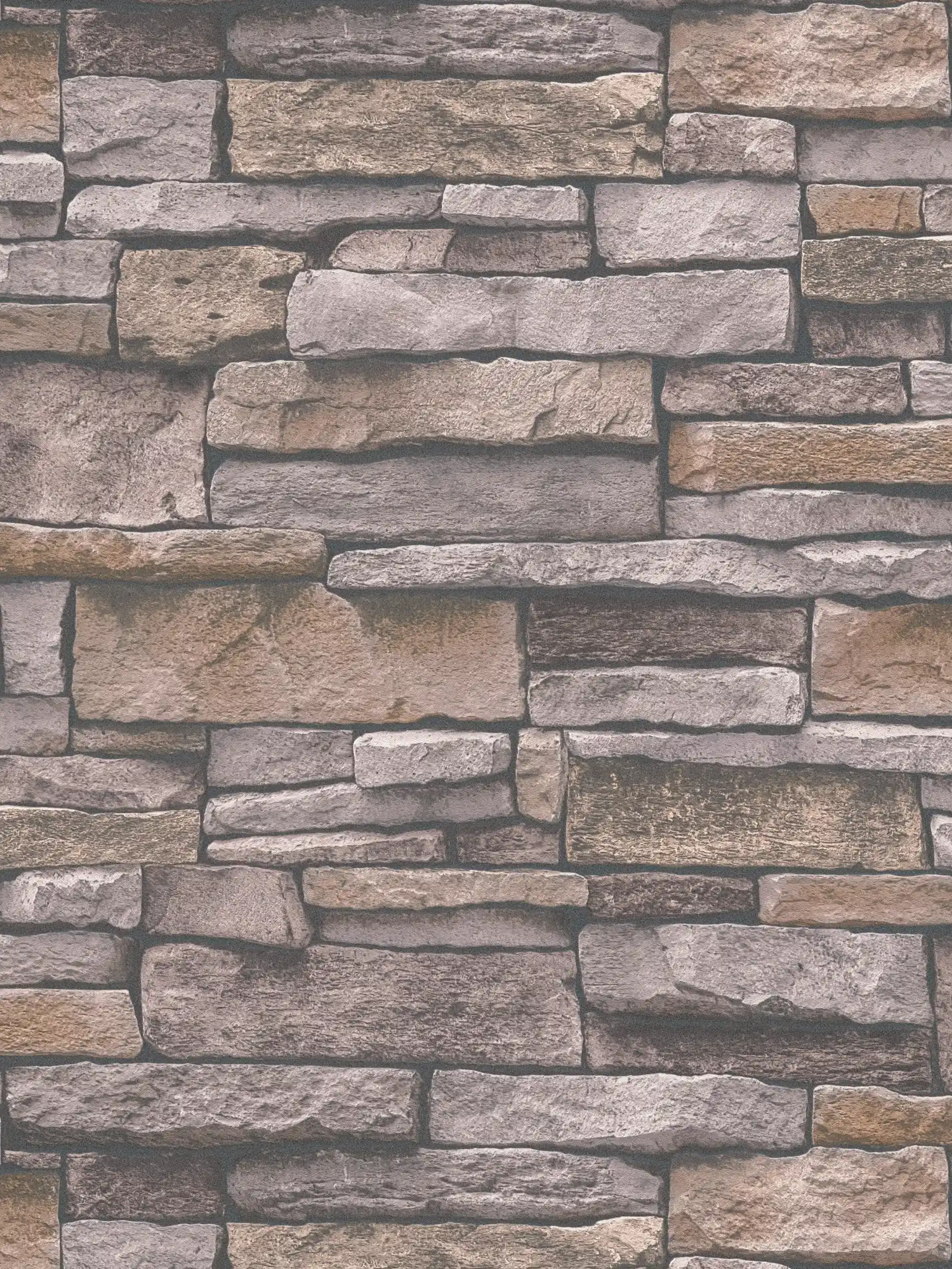 Stone-look non-woven wallpaper with natural stone wall - beige, brown
