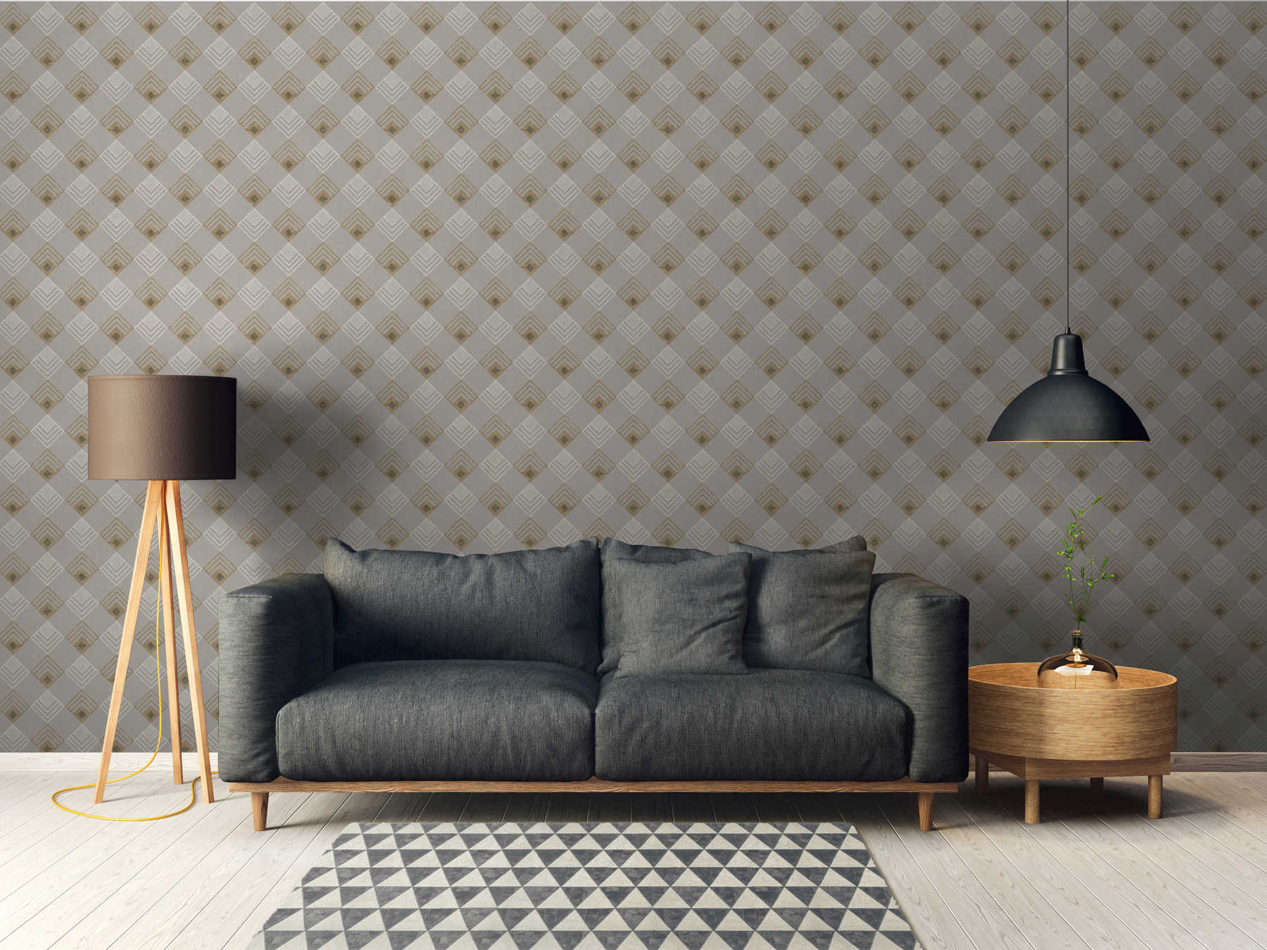             Non-woven wallpaper Art Deco pattern, metallic effect - grey, beige, white
        