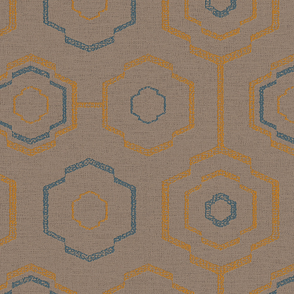             Behang inheems textielpatroon met geometrisch ontwerp - Bruin, Blauw, Oranje
        