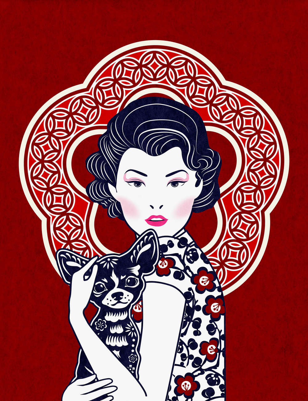            Photo wallpaper Woman with dog, Asian motif - Premium smooth fleece
        