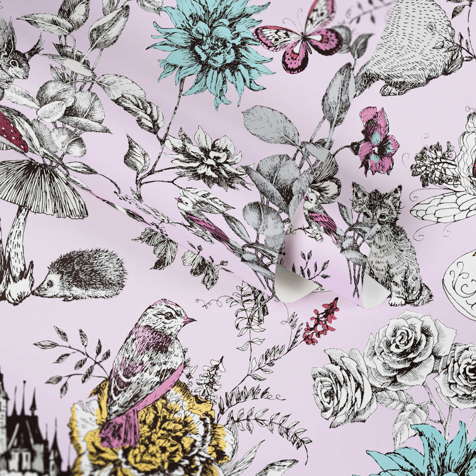             Forest wallpaper nursery fairies & animals - pink, black, white
        