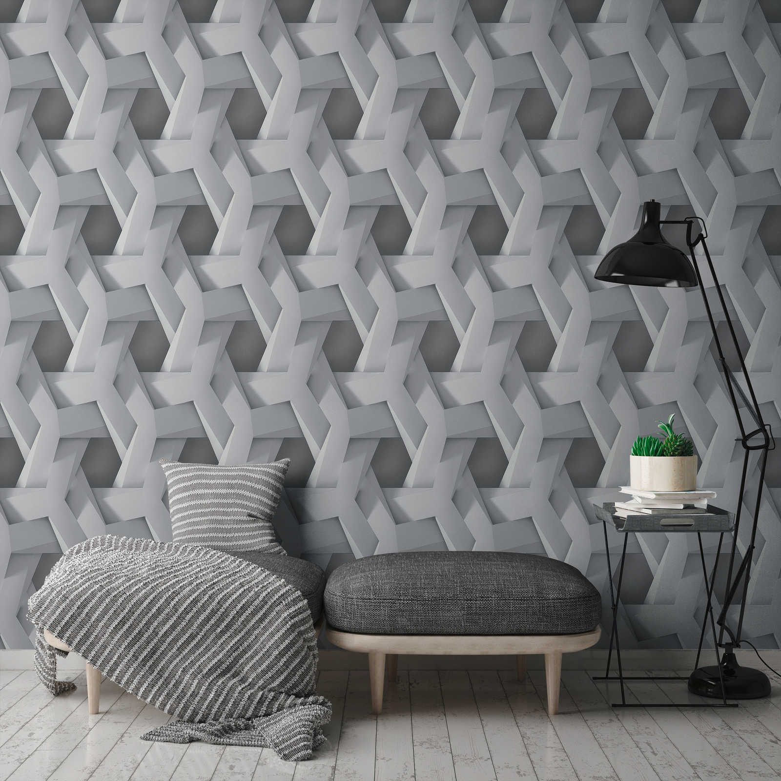             3D-behang grijs grafisch patroon met betonlook - grijs
        