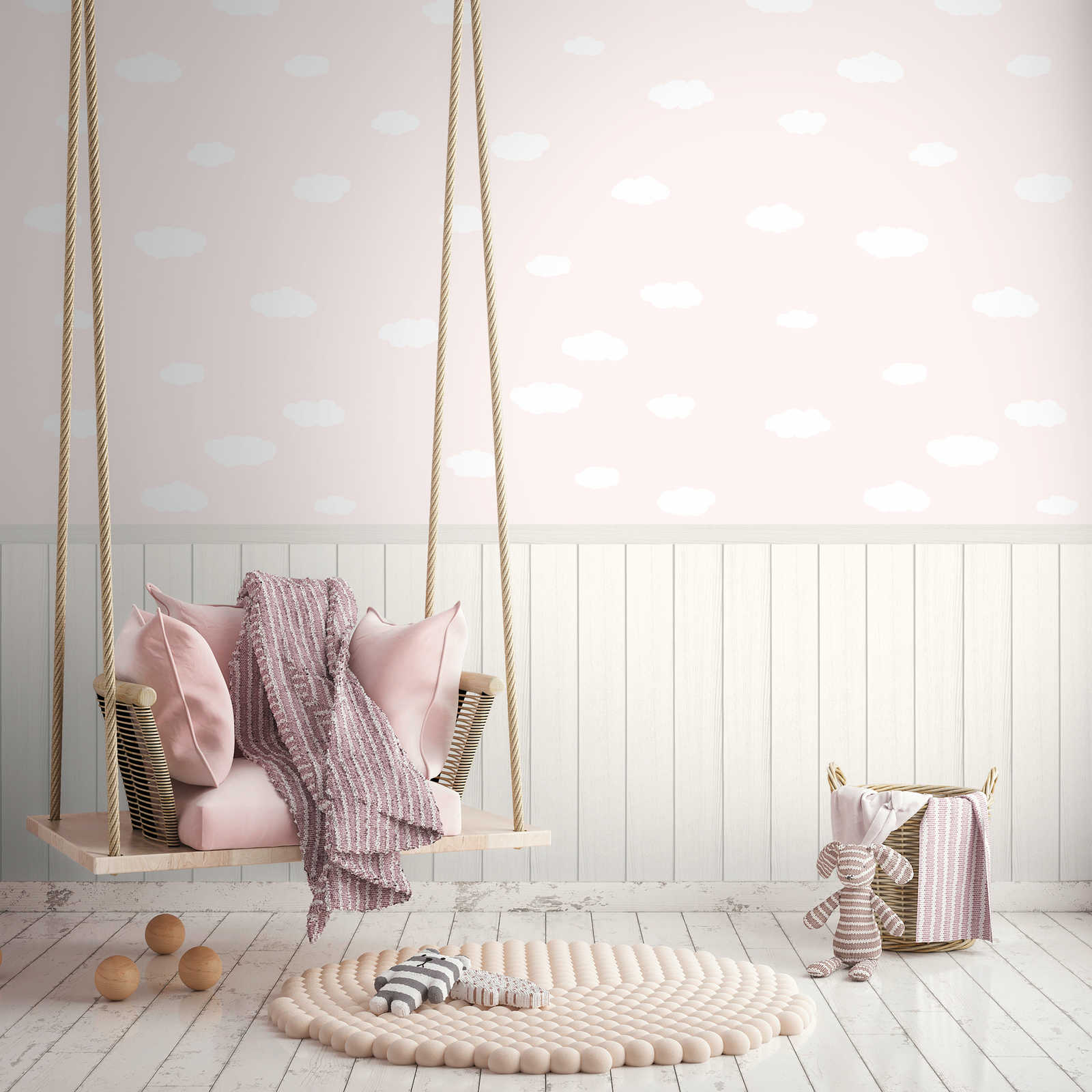 Onderlaag behang met vliesmotief, plintrand met houteffect en wolkenpatroon - roze, wit, grijs
